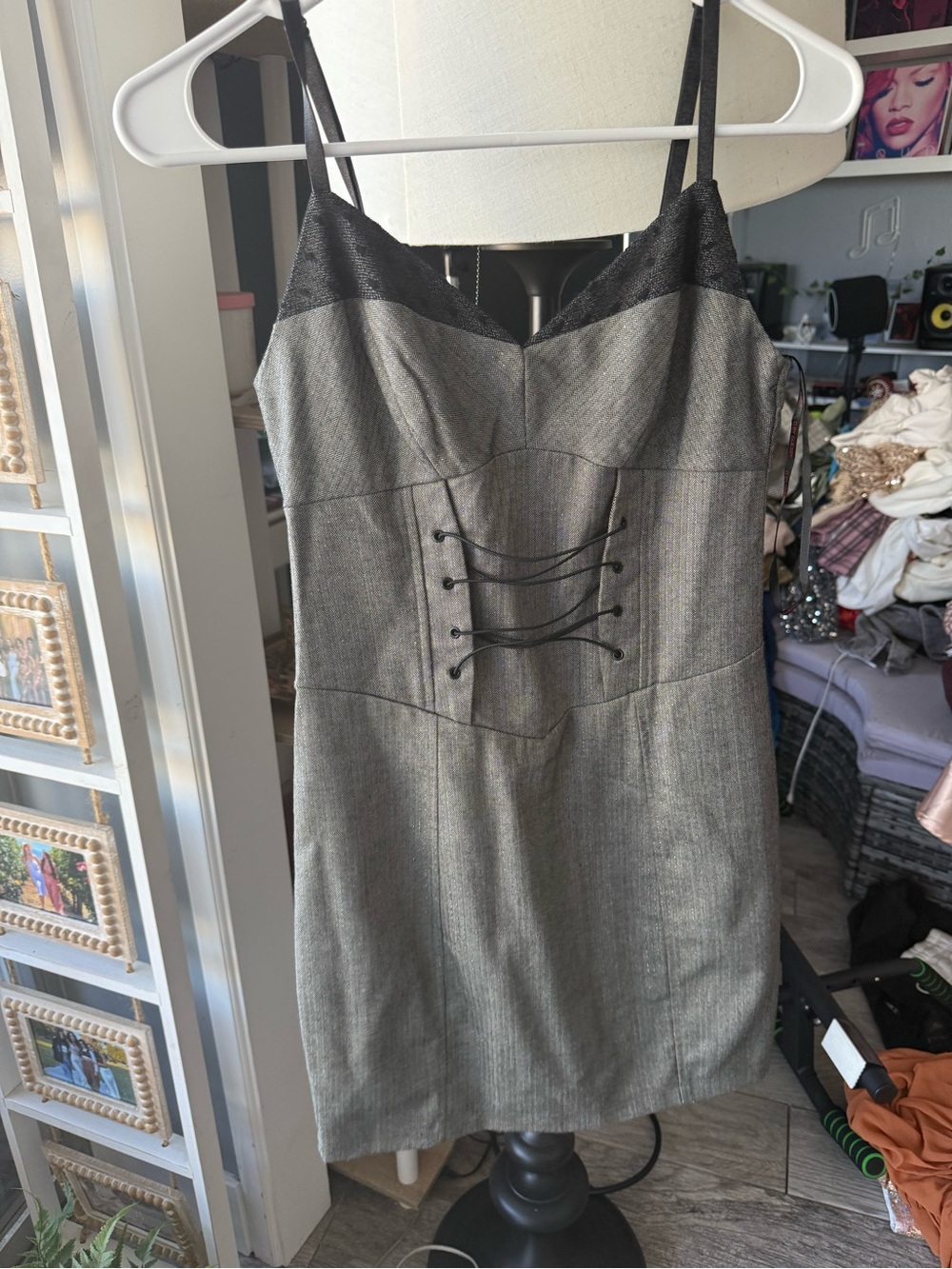 Charcoal Gray Lace-Trim Spaghetti Strap Dress